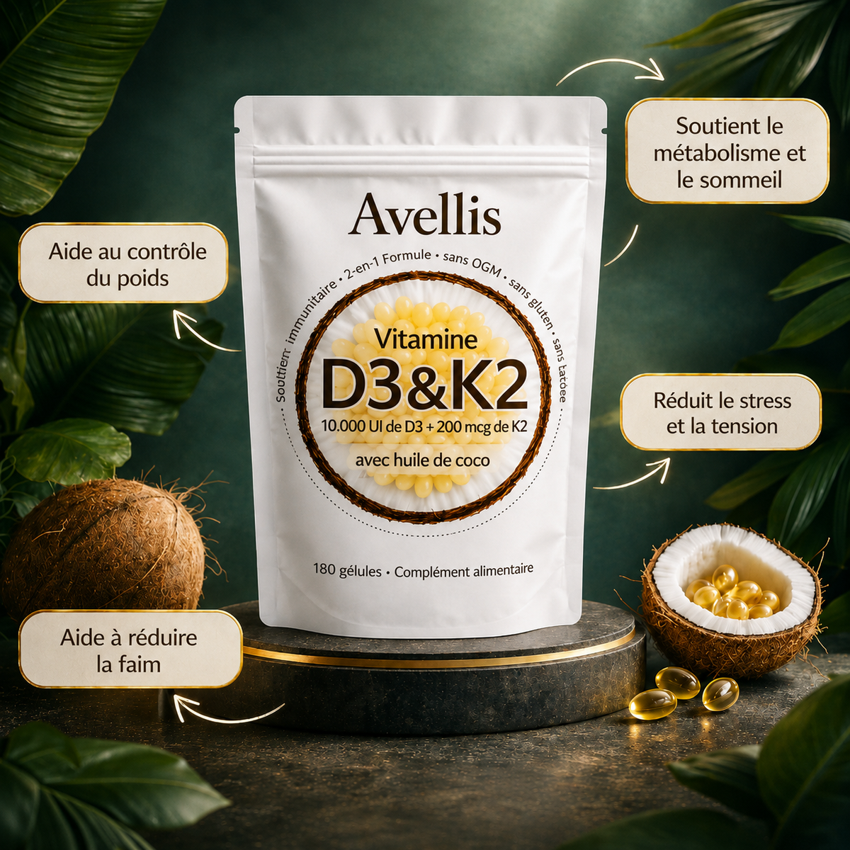Vitamine D3 & K2 Hautement dosée — Réserve de 6 mois