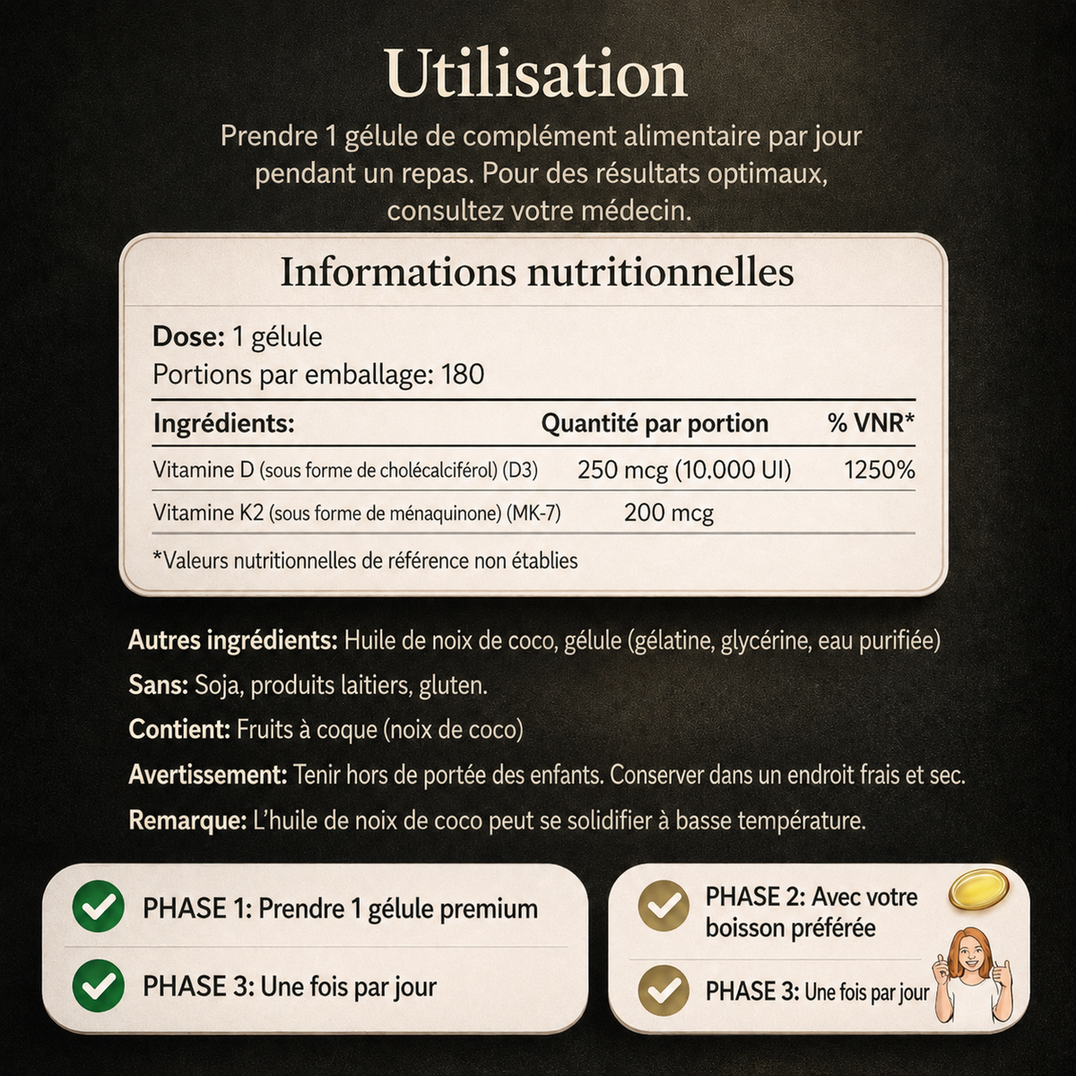 Vitamine D3 & K2 Hautement dosée — Réserve de 6 mois